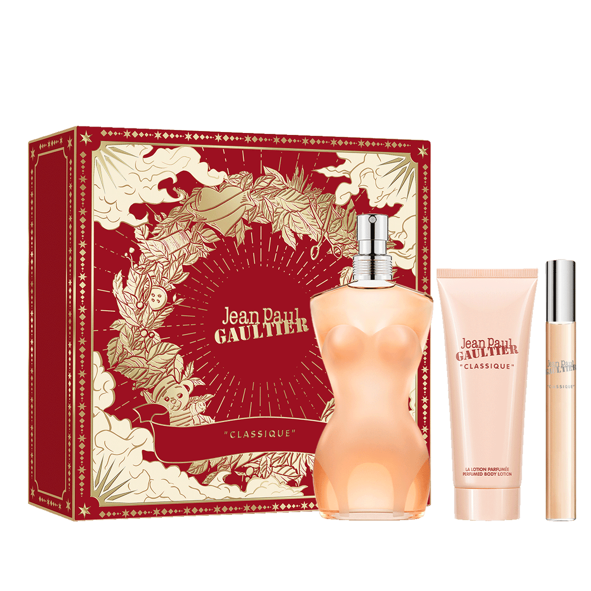 Jean Paul Gaultier Classique 3.4 oz, Body Lotion 2.5 oz and Travel Spray