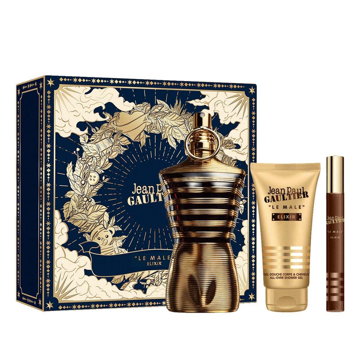 Jean Paul Gaultier Le Male Elixir 4.2 oz, Shower Gel 2.5 oz and Travel Spray 0.33 oz
